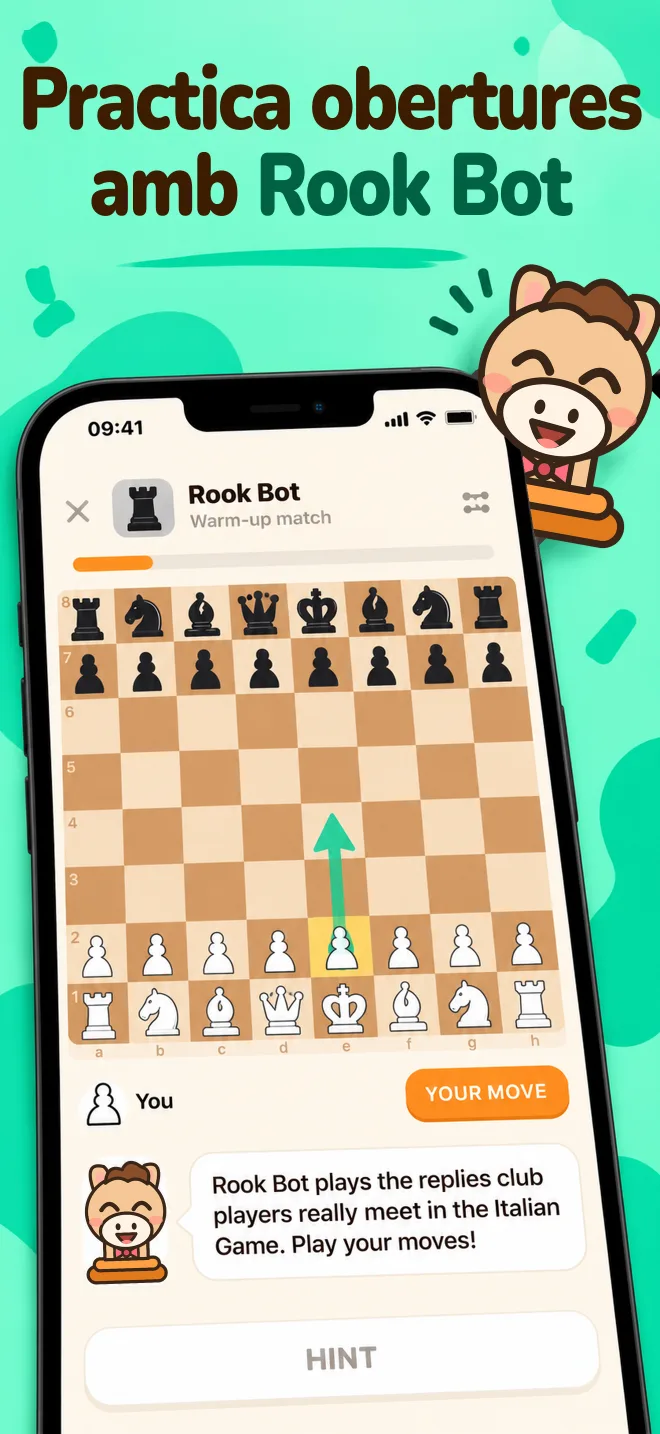 Una partida de pràctica contra Rook Bot en un tauler d'escacs de fusta