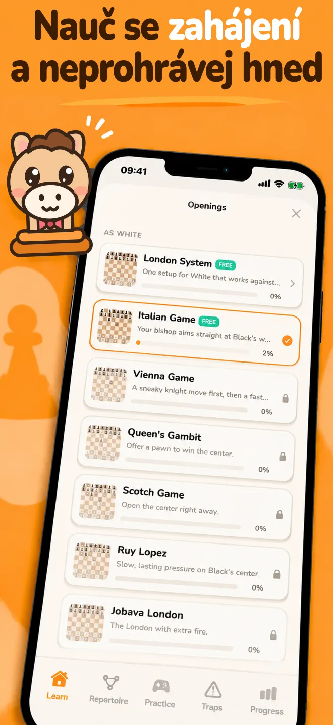 Aplikace Chess Openings: seznam zahájení s postupem u každého z nich