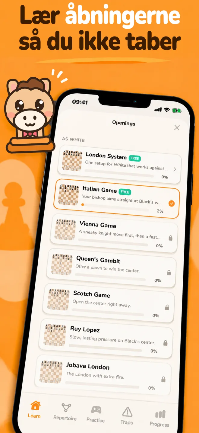 Chess Openings-appen: oversigt over åbninger med fremskridt for hver enkelt