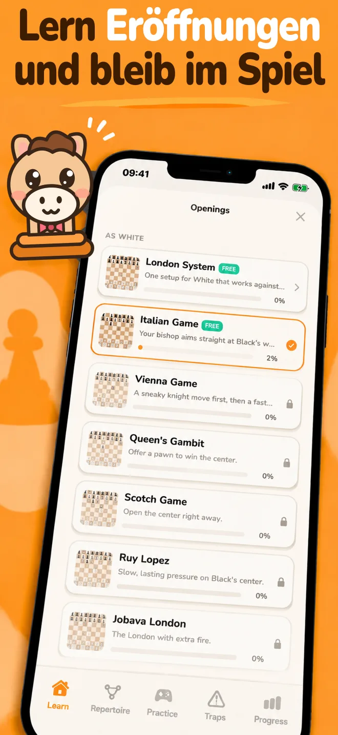 Chess Openings App: Übersicht der Eröffnungen mit individuellem Lernfortschritt