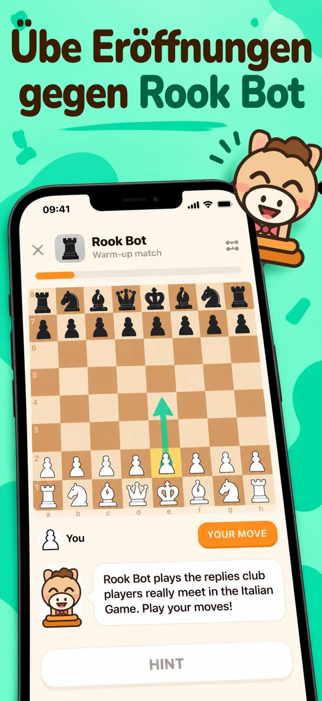 Eine Übungspartie gegen Rook Bot auf einem Schachbrett aus Holz