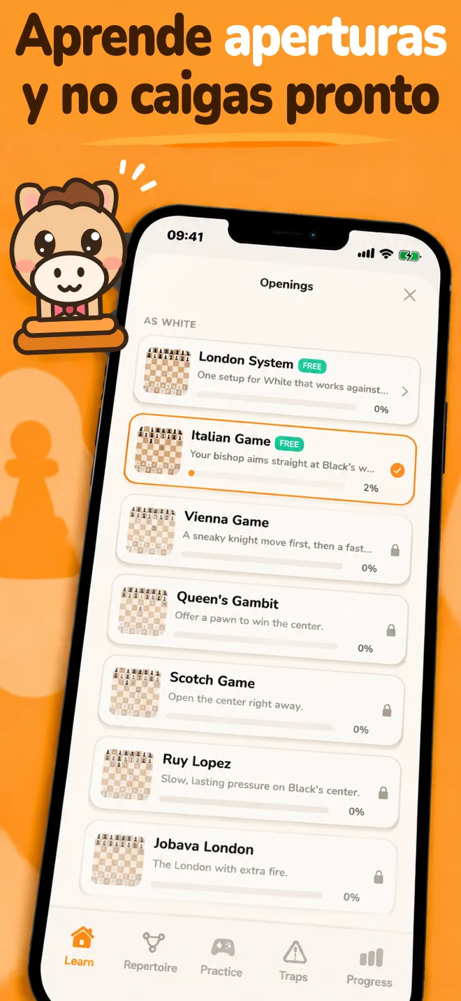 Aplicación Chess Openings: lista de aperturas con el progreso de cada una