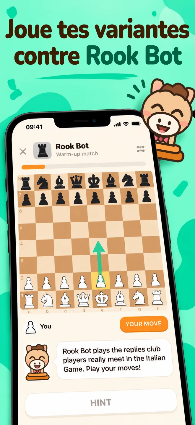 Une partie d’entraînement contre Rook Bot sur un échiquier en bois