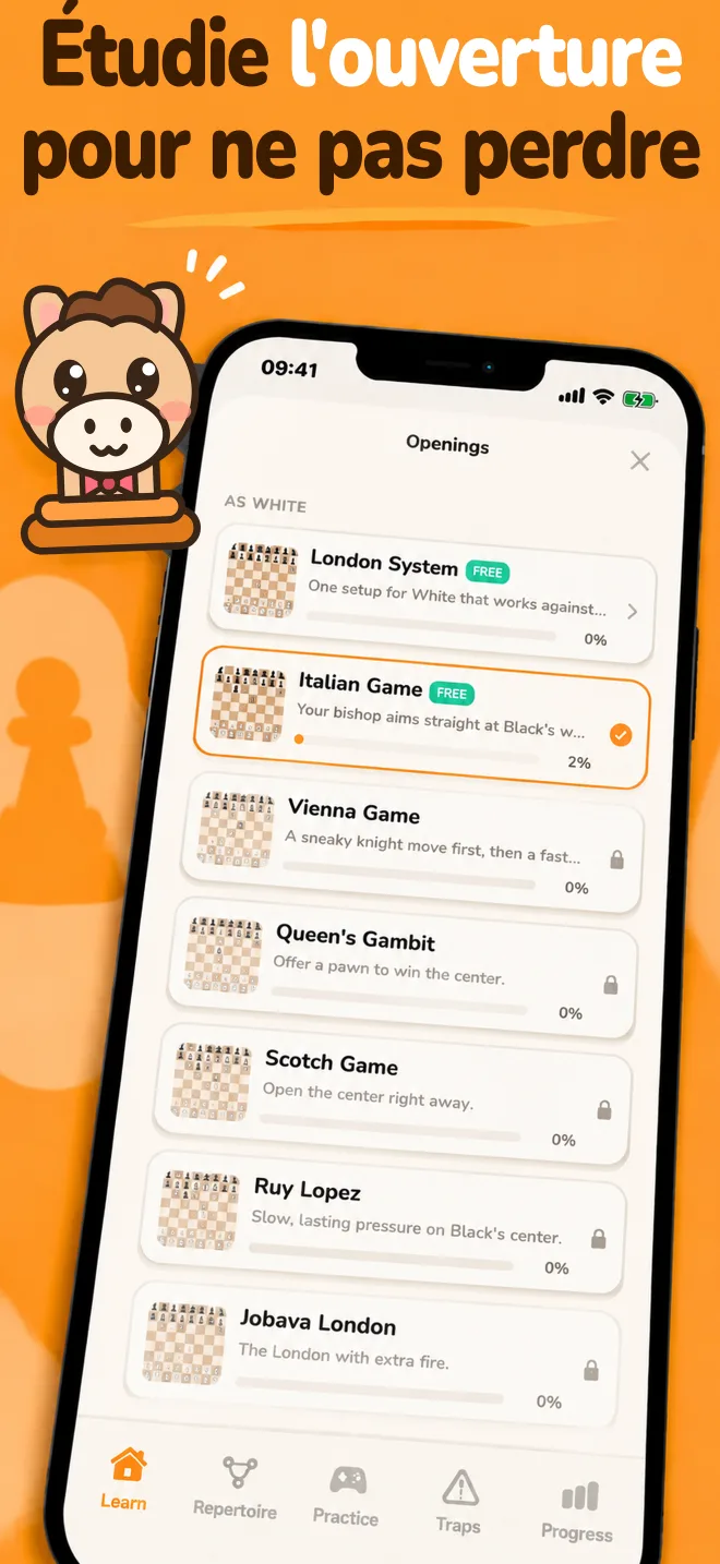 Application Chess Openings : liste des ouvertures avec la progression pour chacune