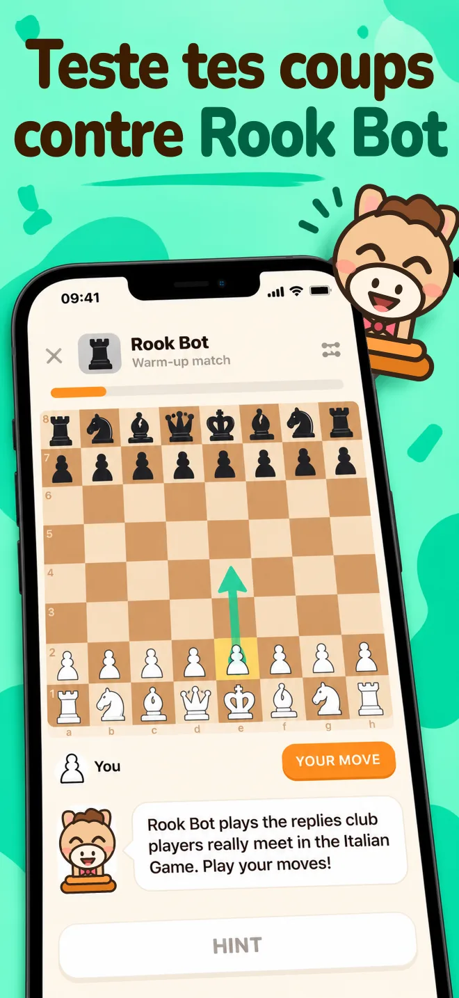 Partie d'entraînement contre Rook Bot sur un échiquier en bois