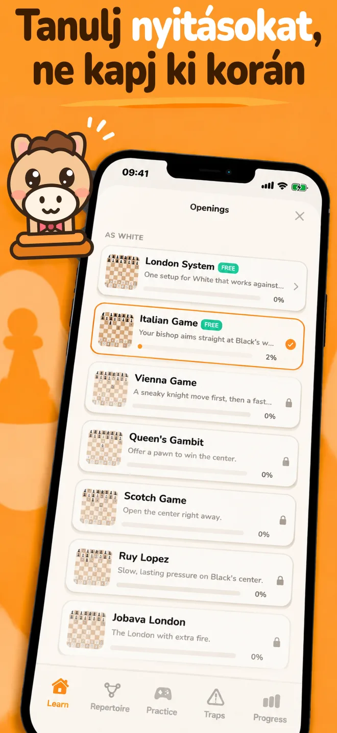 Chess Openings alkalmazás: megnyitások listája, mindegyiknél a tanulási előrehaladással