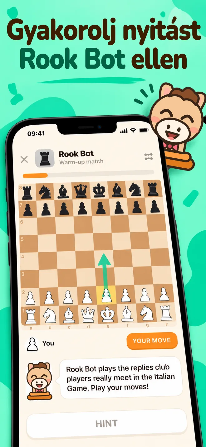 Gyakorlóparti Rook Bot ellen egy fa sakktáblán