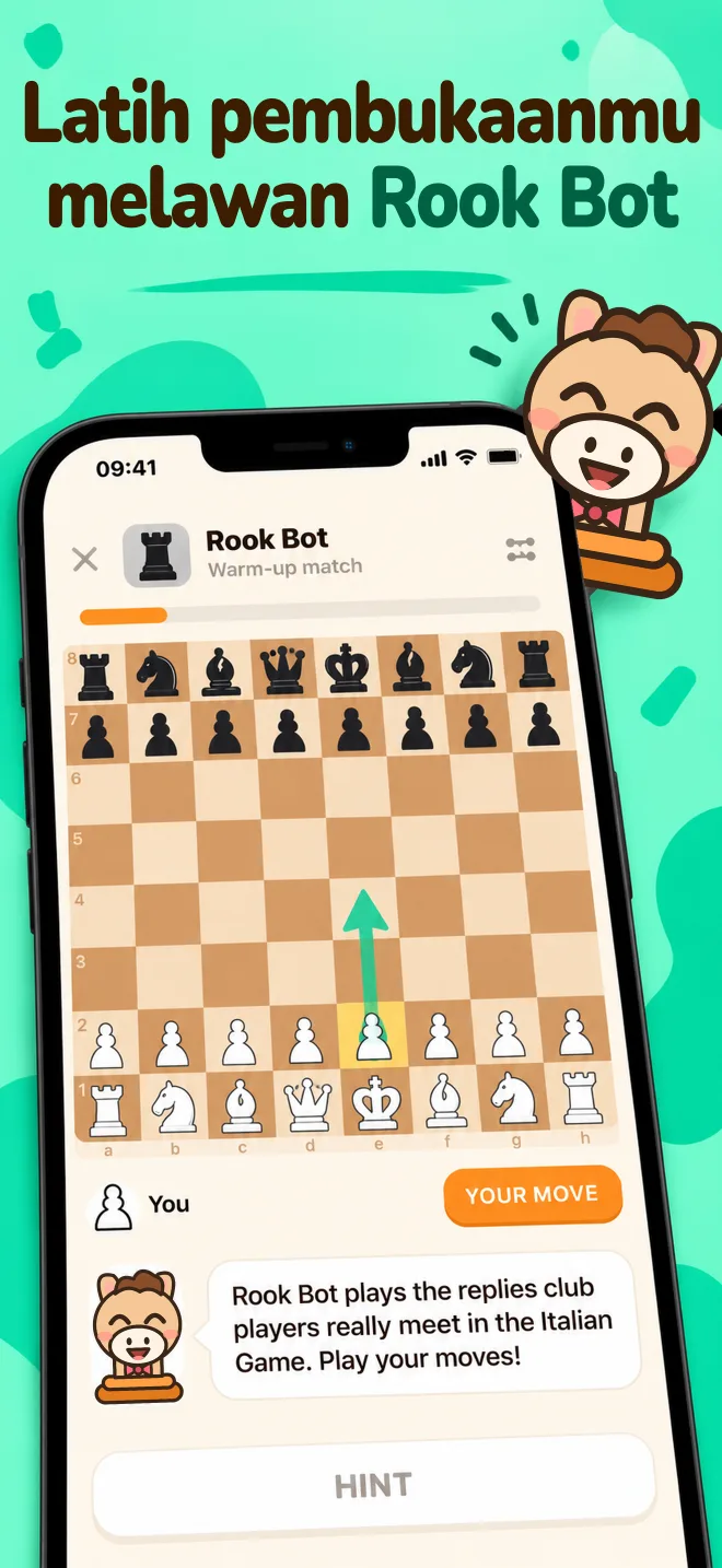 Partai latihan melawan Rook Bot di papan catur kayu