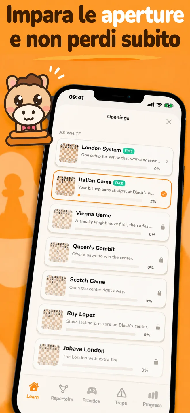 App Chess Openings: elenco delle aperture con i progressi per ciascuna