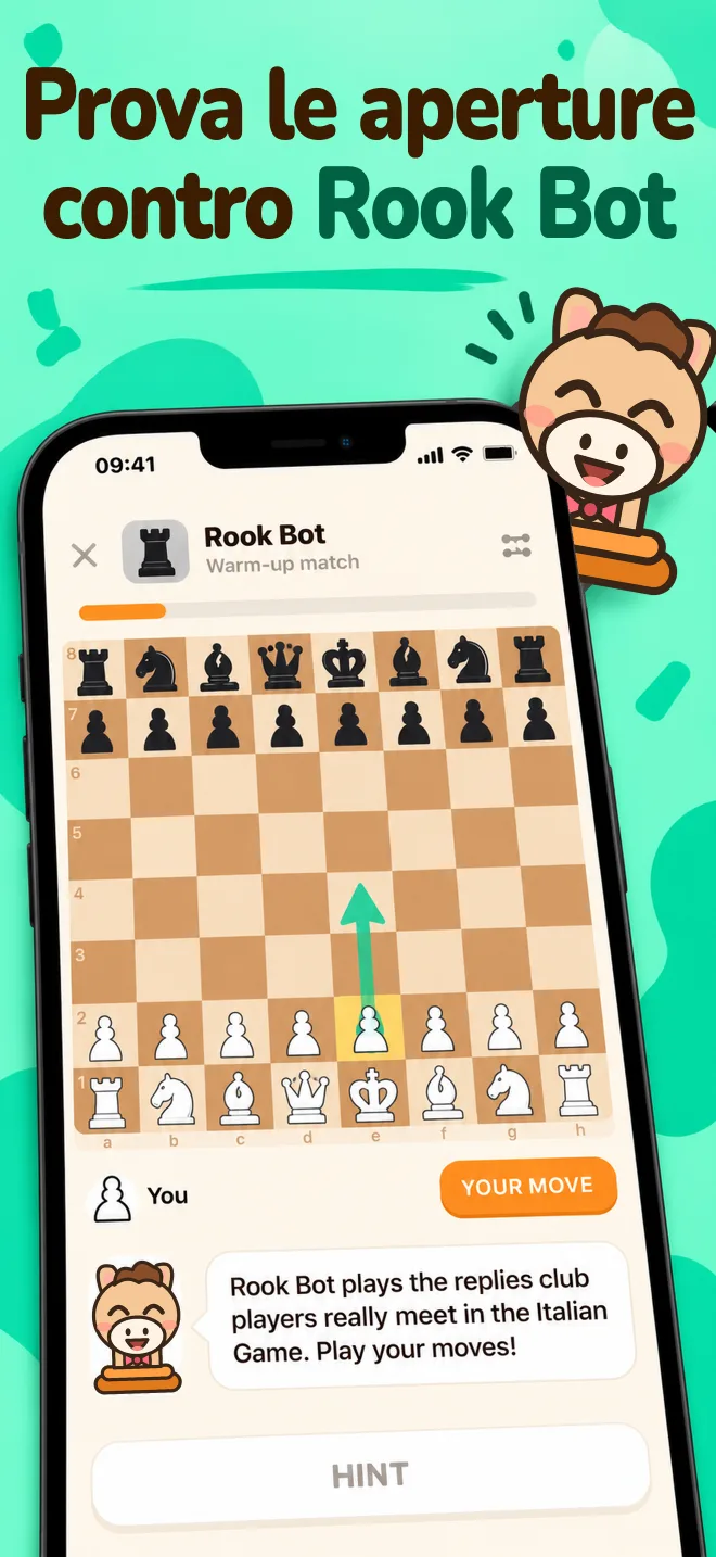 Una partita di allenamento contro Rook Bot su una scacchiera di legno