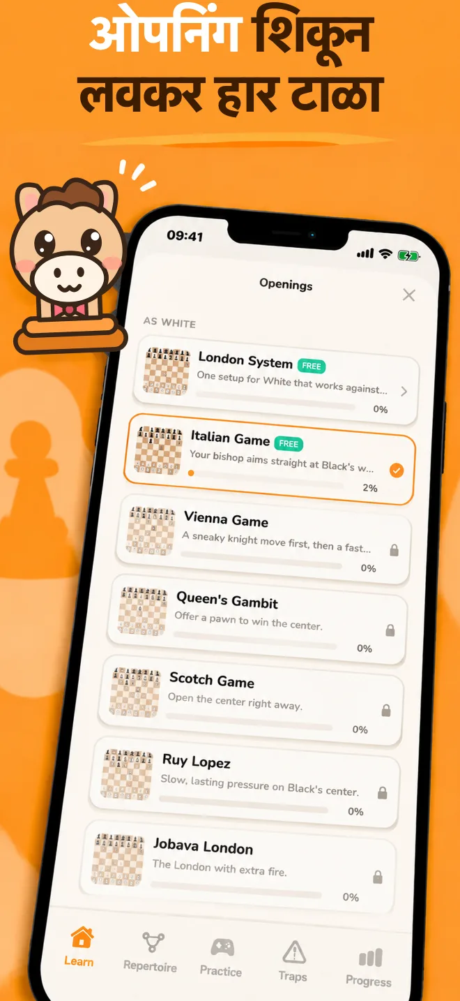 Chess Openings अ‍ॅप: प्रत्येक ओपनिंगमधील प्रगतीसह ओपनिंग्जची यादी