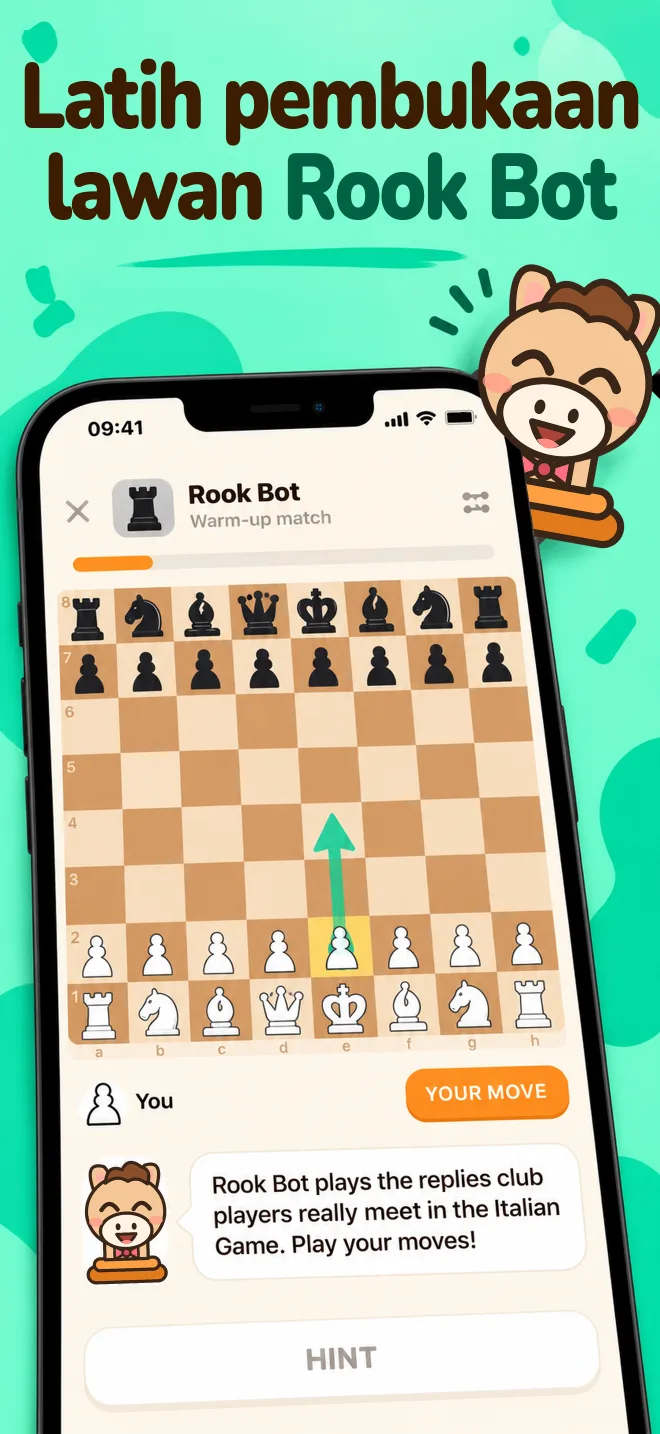 Perlawanan latihan menentang Rook Bot di atas papan catur kayu