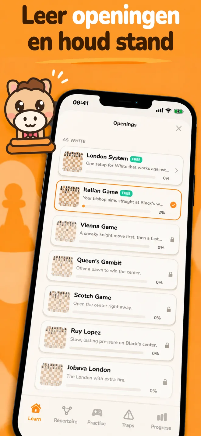 Chess Openings-app: overzicht van openingen met je voortgang per opening