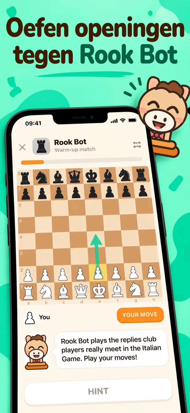 Een oefenpartij tegen Rook Bot op een houten schaakbord