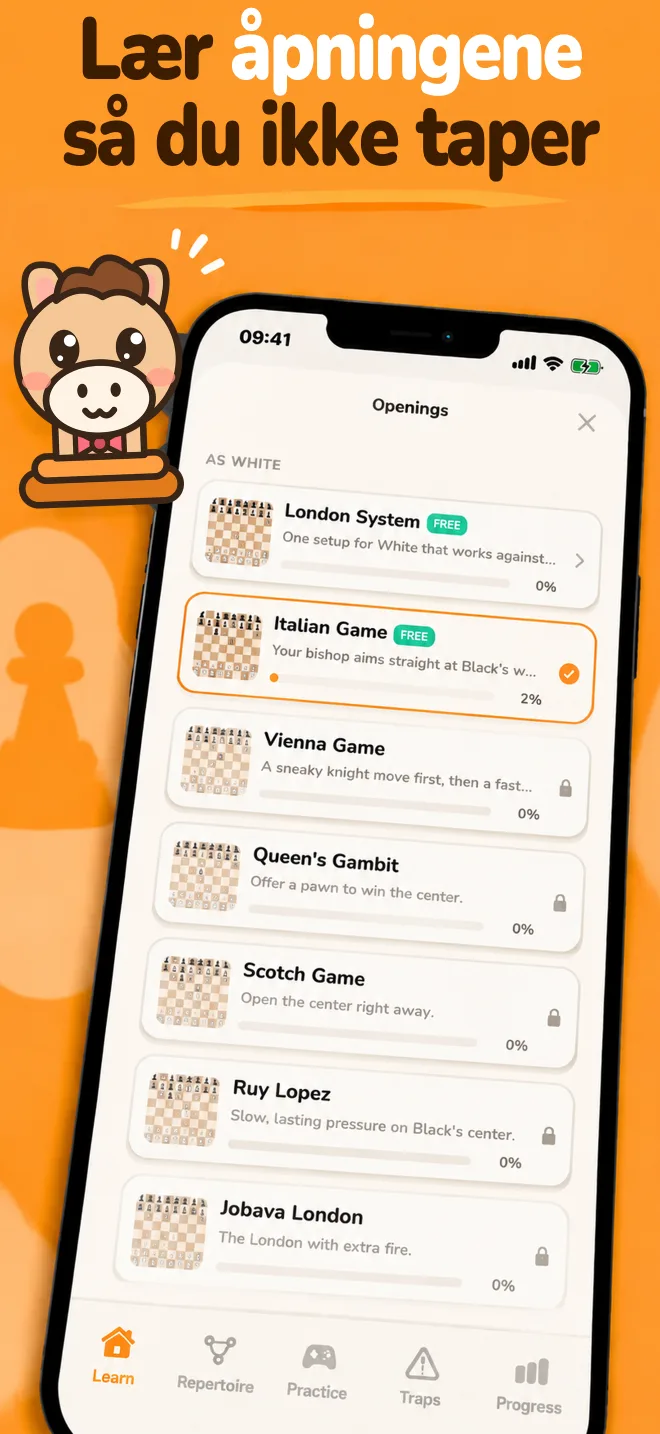 Chess Openings-appen: oversikt over åpninger med fremdrift for hver av dem