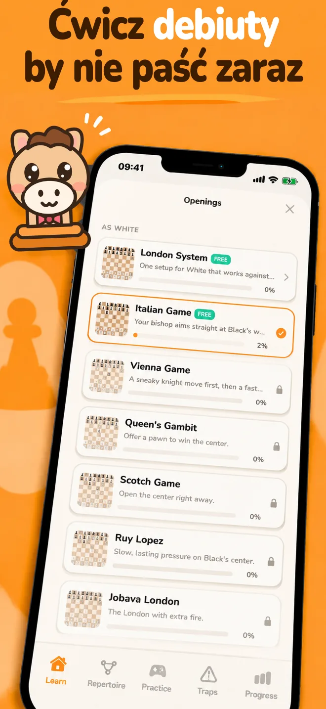 Aplikacja Chess Openings: lista debiutów z postępami nauki każdego z nich