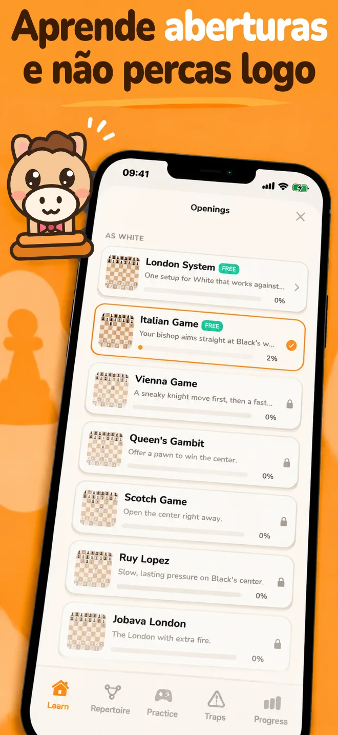Aplicação Chess Openings: lista de aberturas com o progresso em cada uma
