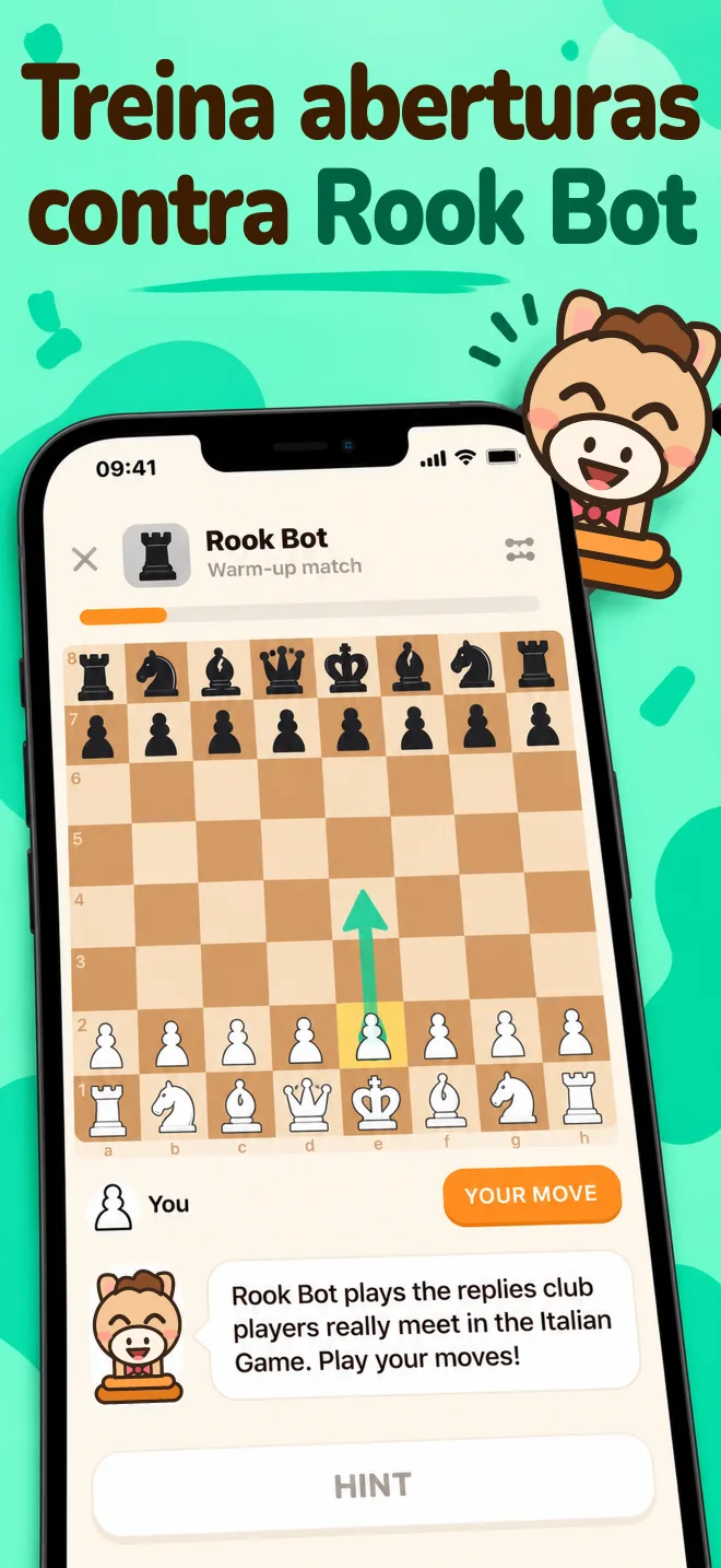 Uma partida de treino contra Rook Bot num tabuleiro de xadrez de madeira