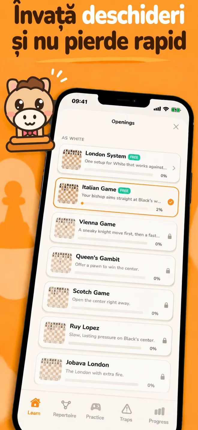 Aplicația Chess Openings: lista deschiderilor și progresul pentru fiecare