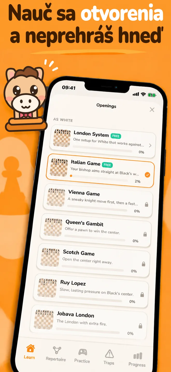 Aplikácia Chess Openings: zoznam otvorení s pokrokom pri každom z nich