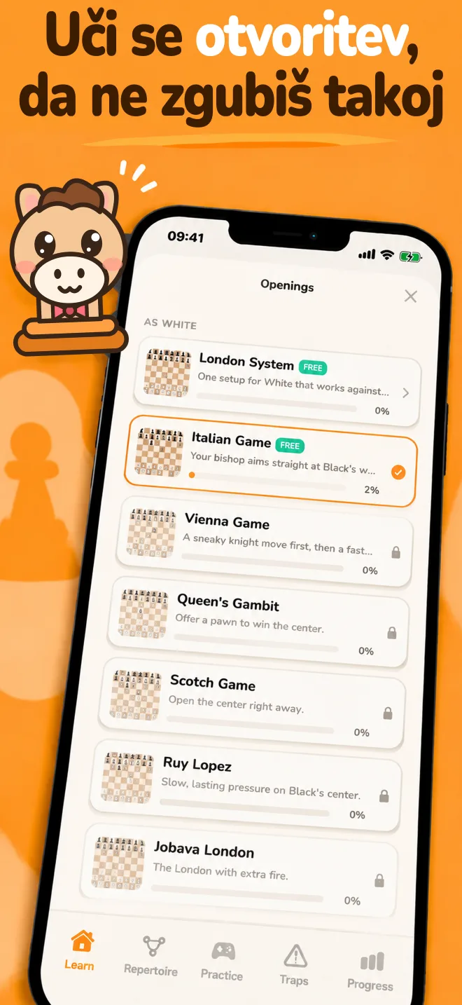 Aplikacija Chess Openings: seznam otvoritev z napredkom pri vsaki