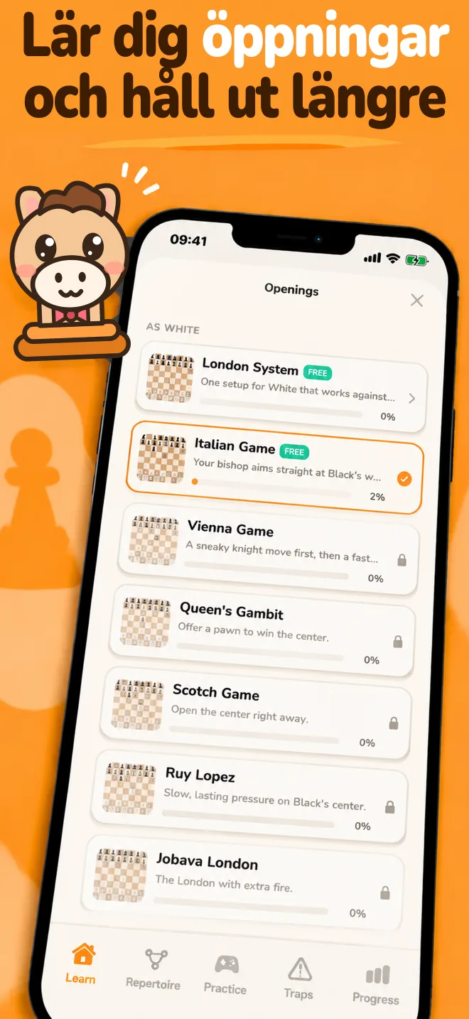 Chess Openings-appen: lista över öppningar med framsteg för varje öppning