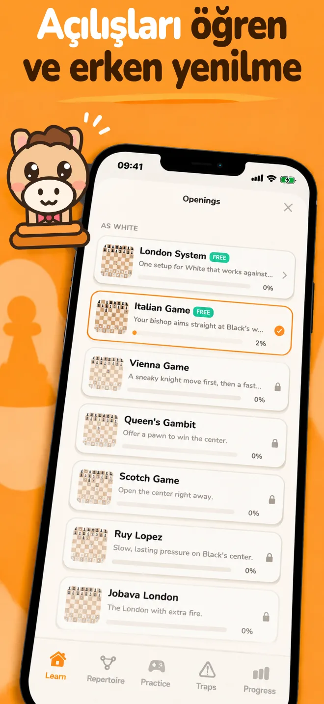 Chess Openings uygulaması: Her açılışın ilerleme durumunu gösteren açılış listesi