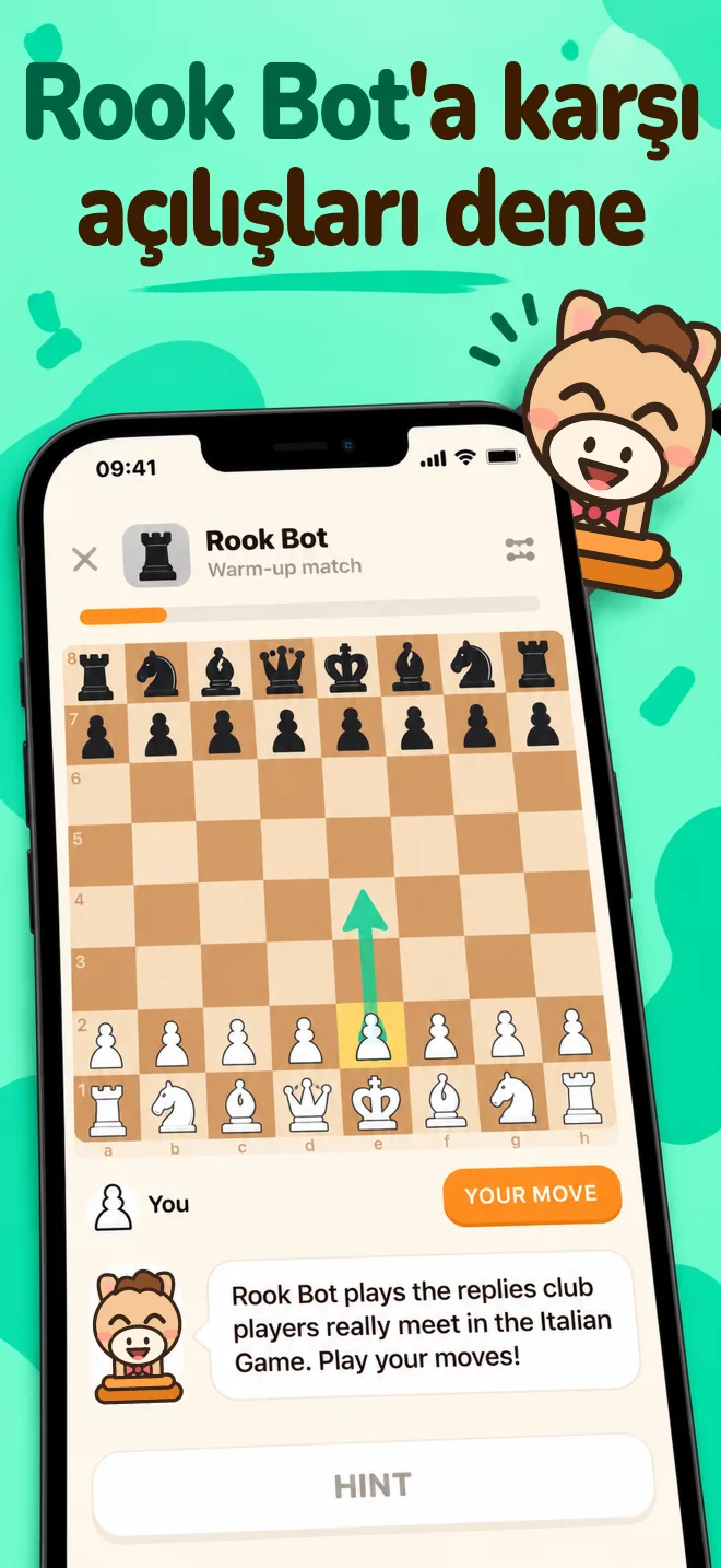 Ahşap satranç tahtasında Rook Bot'a karşı antrenman maçı