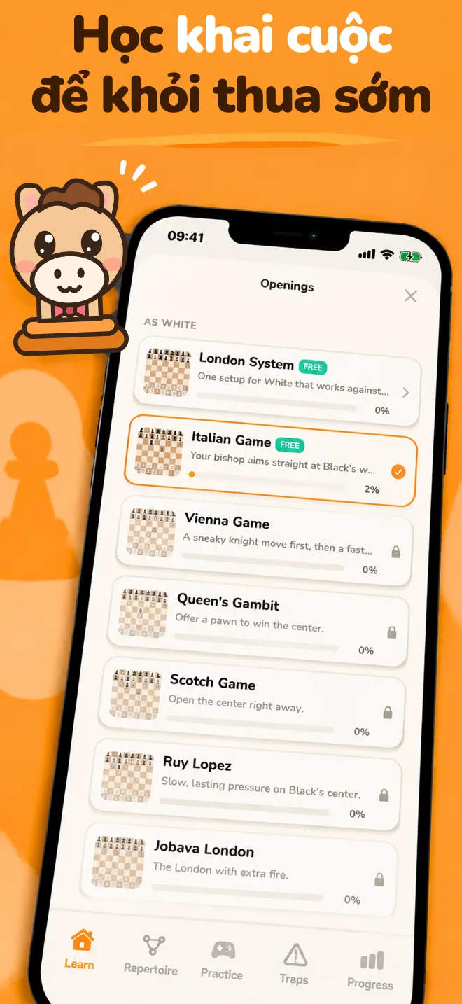 Ứng dụng Chess Openings: danh sách khai cuộc kèm tiến độ học từng khai cuộc