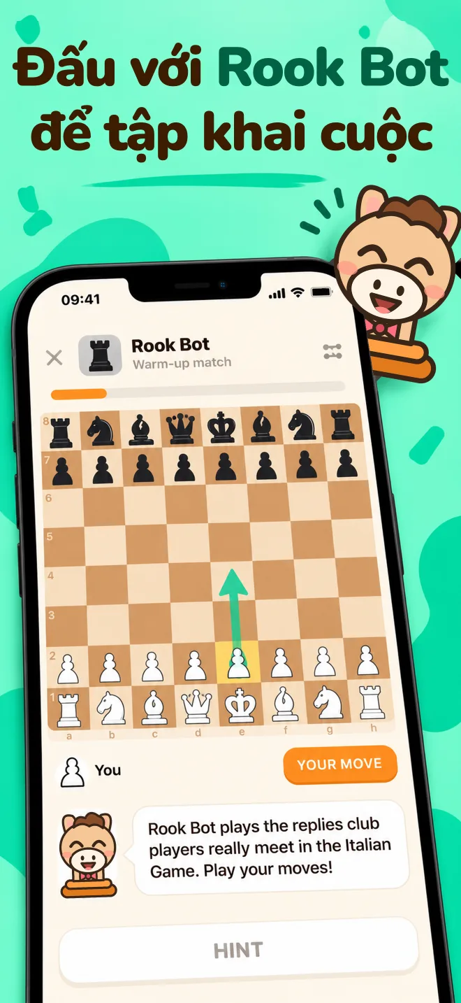 Ván cờ luyện tập với Rook Bot trên bàn cờ gỗ